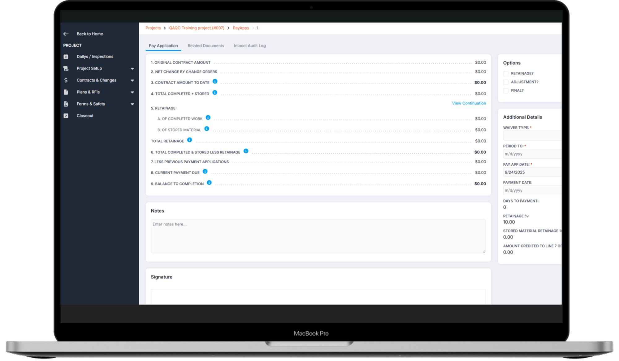 Laptop screenshot of StruXure.co's Pay Application dashboard showing contract totals, change orders, and retainage for Prime and subcontractor agreements
