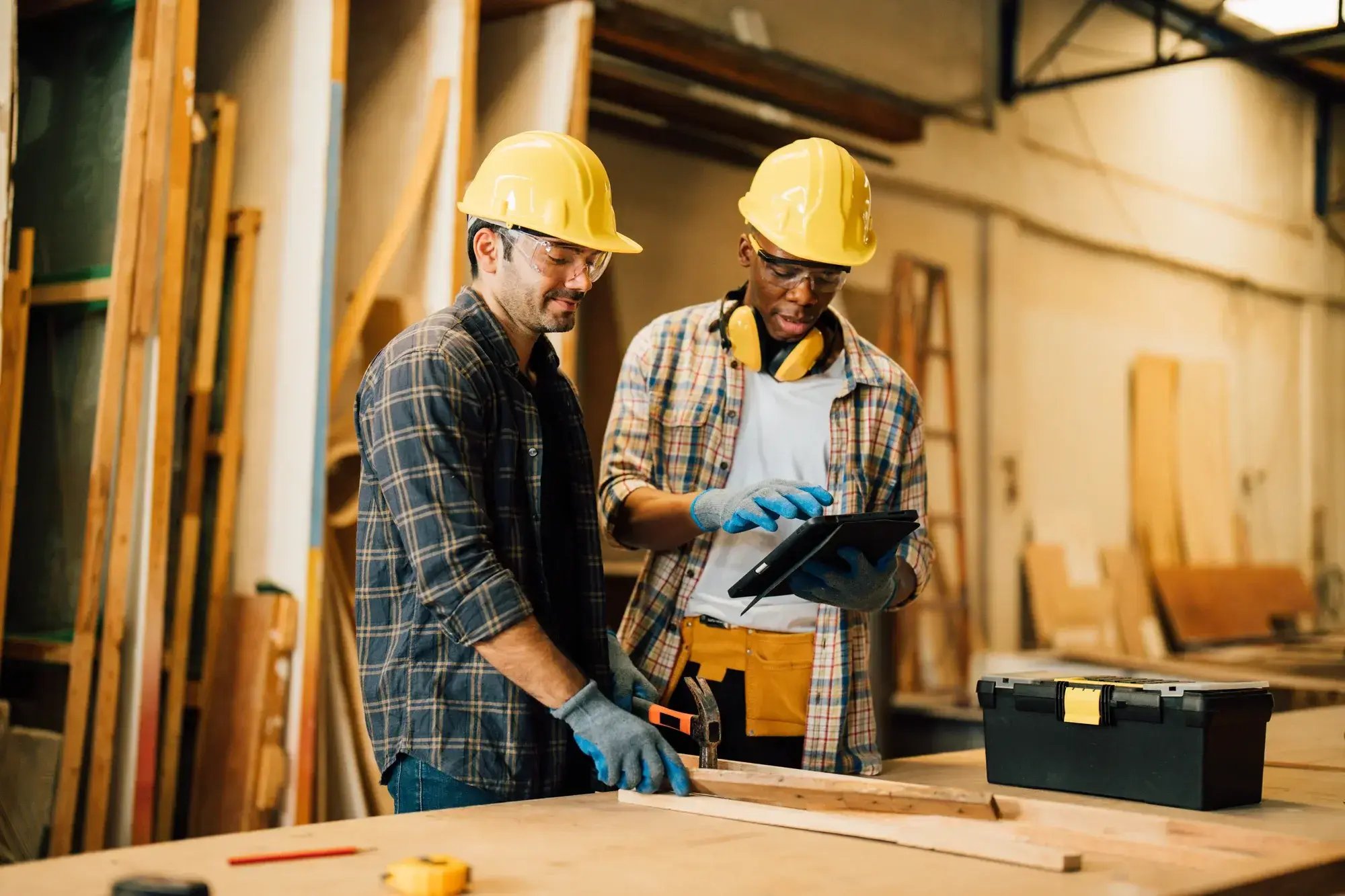 wo construction workers in hard hats reviewing project costs on a tablet, representing StruXure.co's integration with accounting software like Sage Intacct