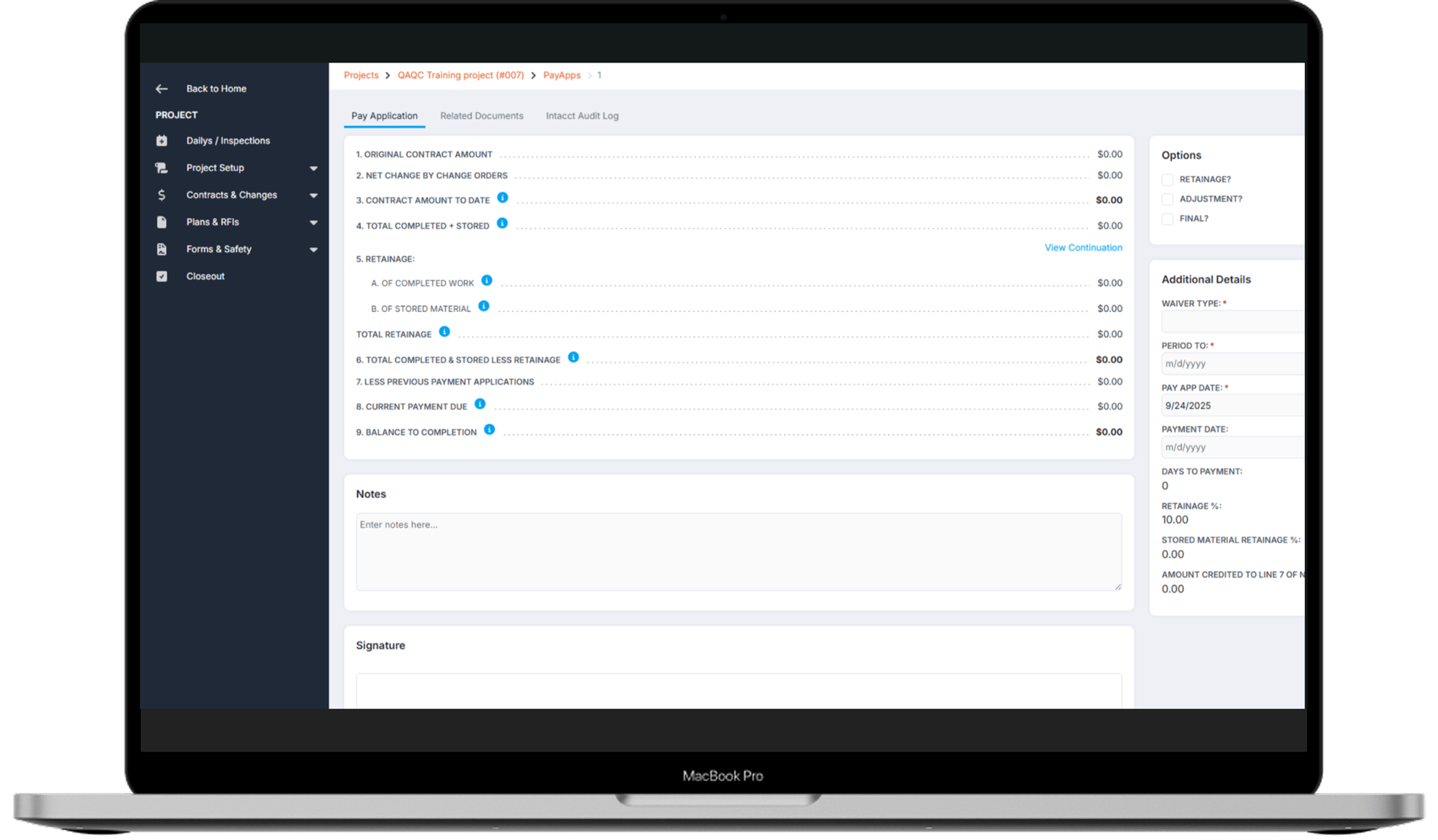 Screenshot of StruXure.co's pay application dashboard showing contract amount, change order impact, retainage, and current payment due for a construction project