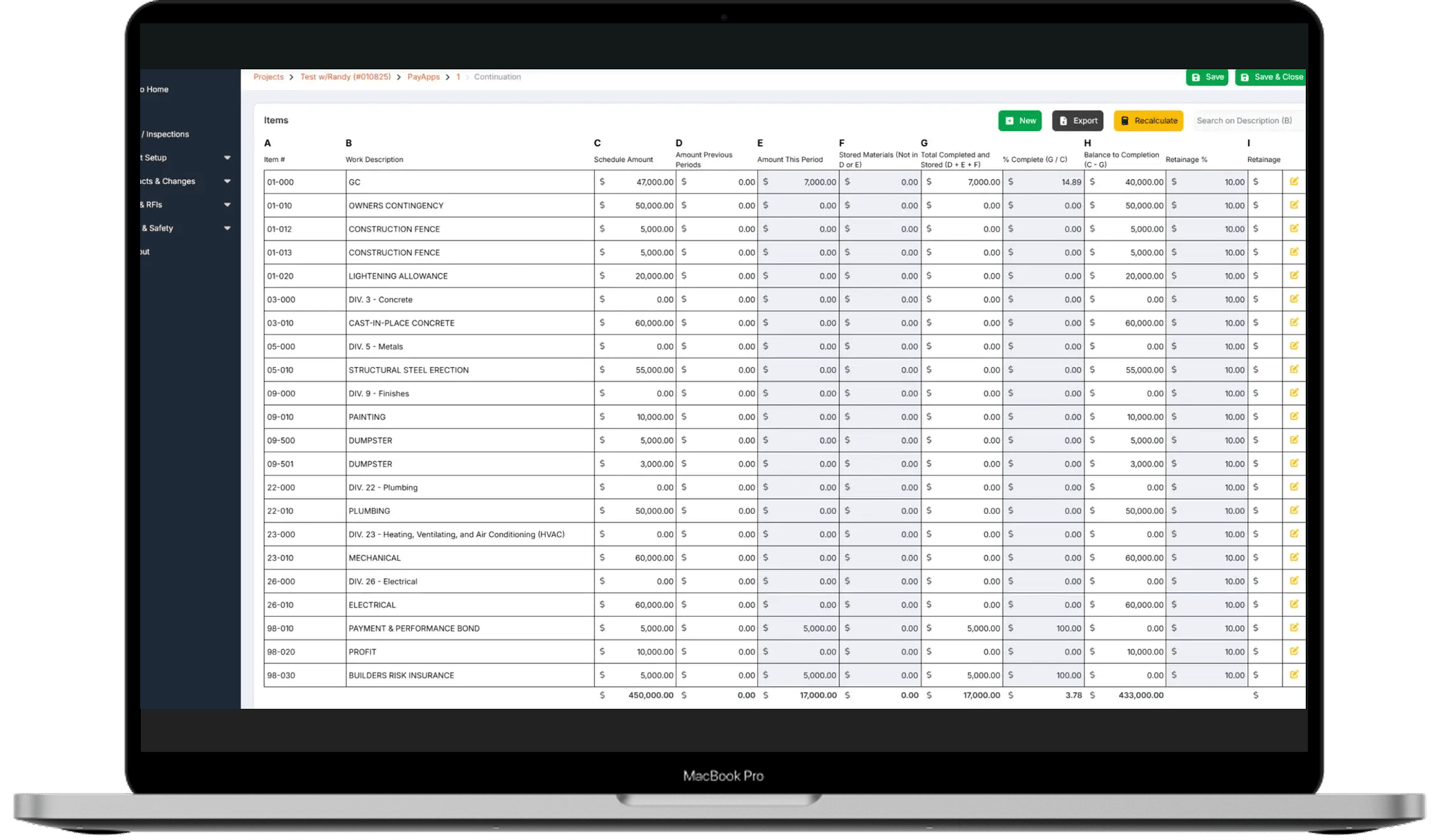 Screenshot of StruXure.co's pay application continuation page listing a line-item schedule of values by CSI code with amounts, retainage, and percent complete