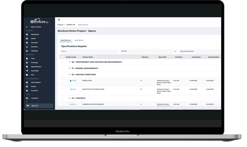 Specifications Register