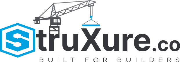 StruXure.co construction software platform logo, featuring a blue hexagonal 'S' icon and a crane illustration.