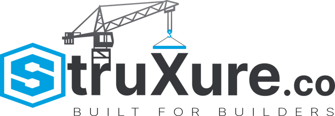 StruXure.co construction software platform logo, featuring a blue hexagonal 'S' icon and a crane illustration.