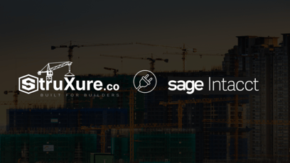Logos for StruXure.co and Sage Intacct over a construction site backdrop with cranes, announcing their integration.