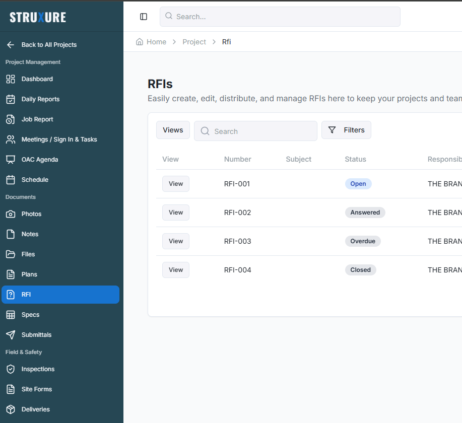 Image of the StruXure dashboard, looking at RFIs dashboard where you can see different views that include the Number, Subject, Status and more.