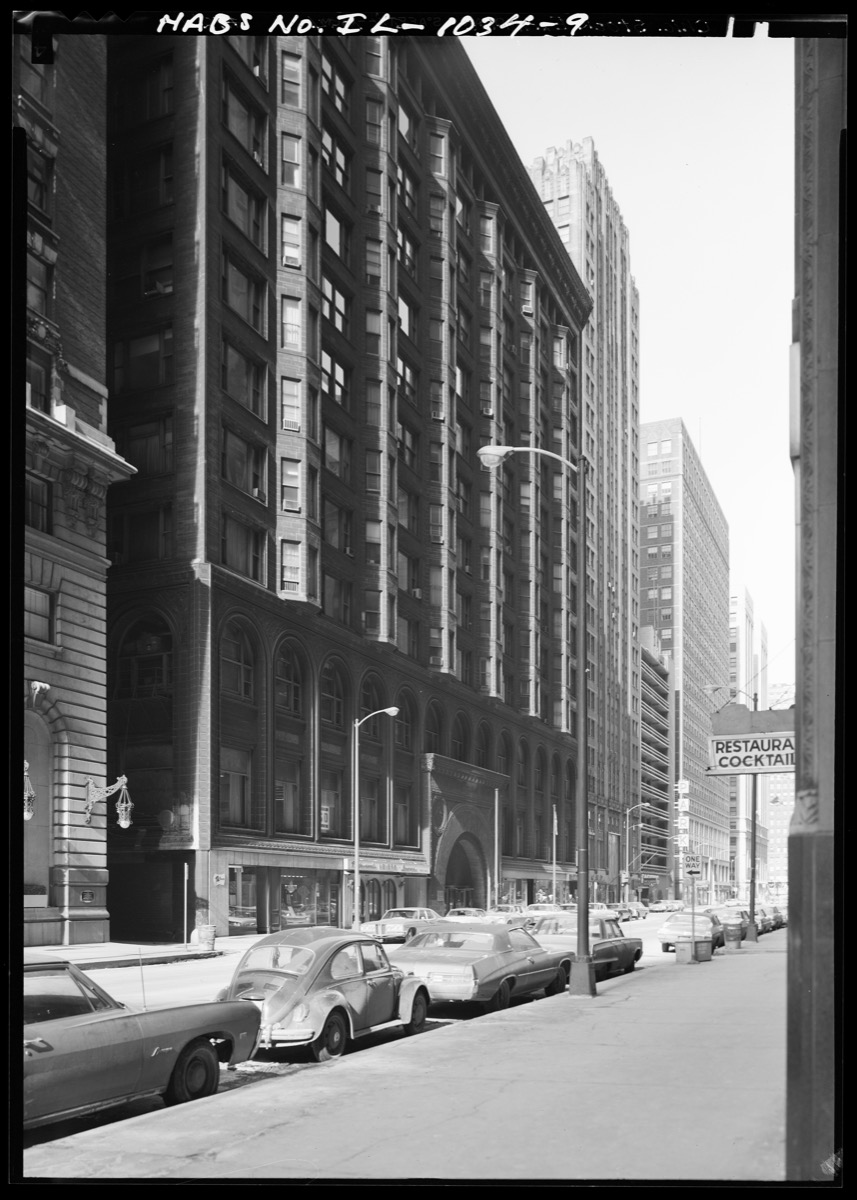The east front of Louis Sullivan's Chicago Stock Exchange Building on LaSalle Street, photographed for the Historic American Buildings Survey before its 1972 demolition.