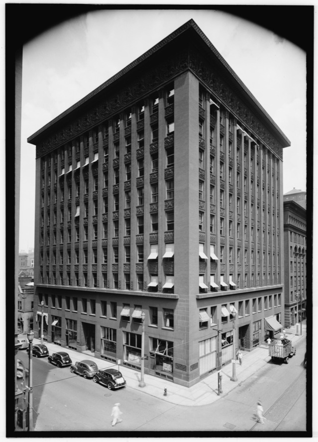 The Wainwright Building in St. Louis, Louis Sullivan's 1891 office tower, photographed from the southeast for the Historic American Buildings Survey in 1940.