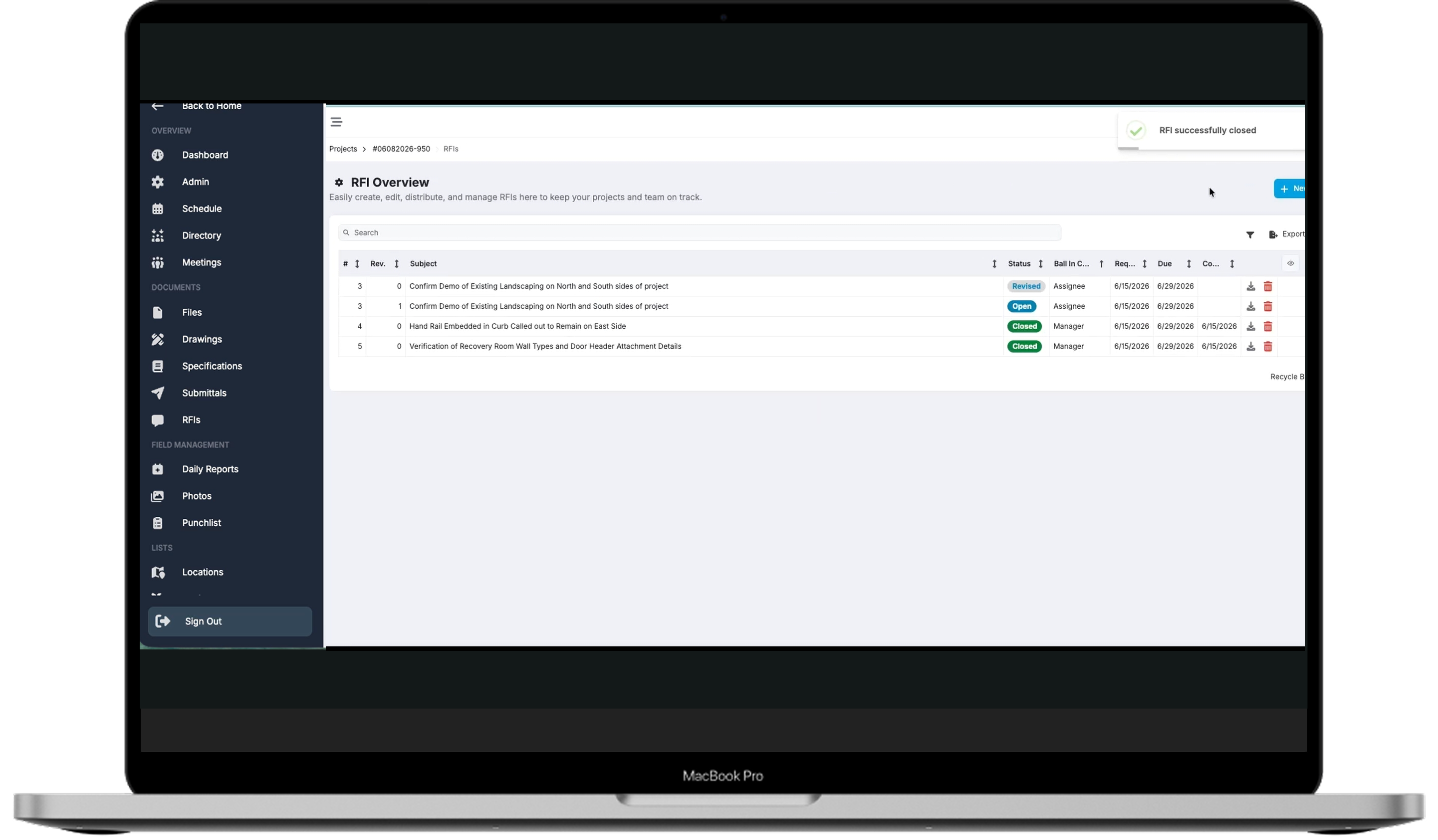 StruXure construction RFI software showing an open RFI with attached drawings, specifications, and a contractor response